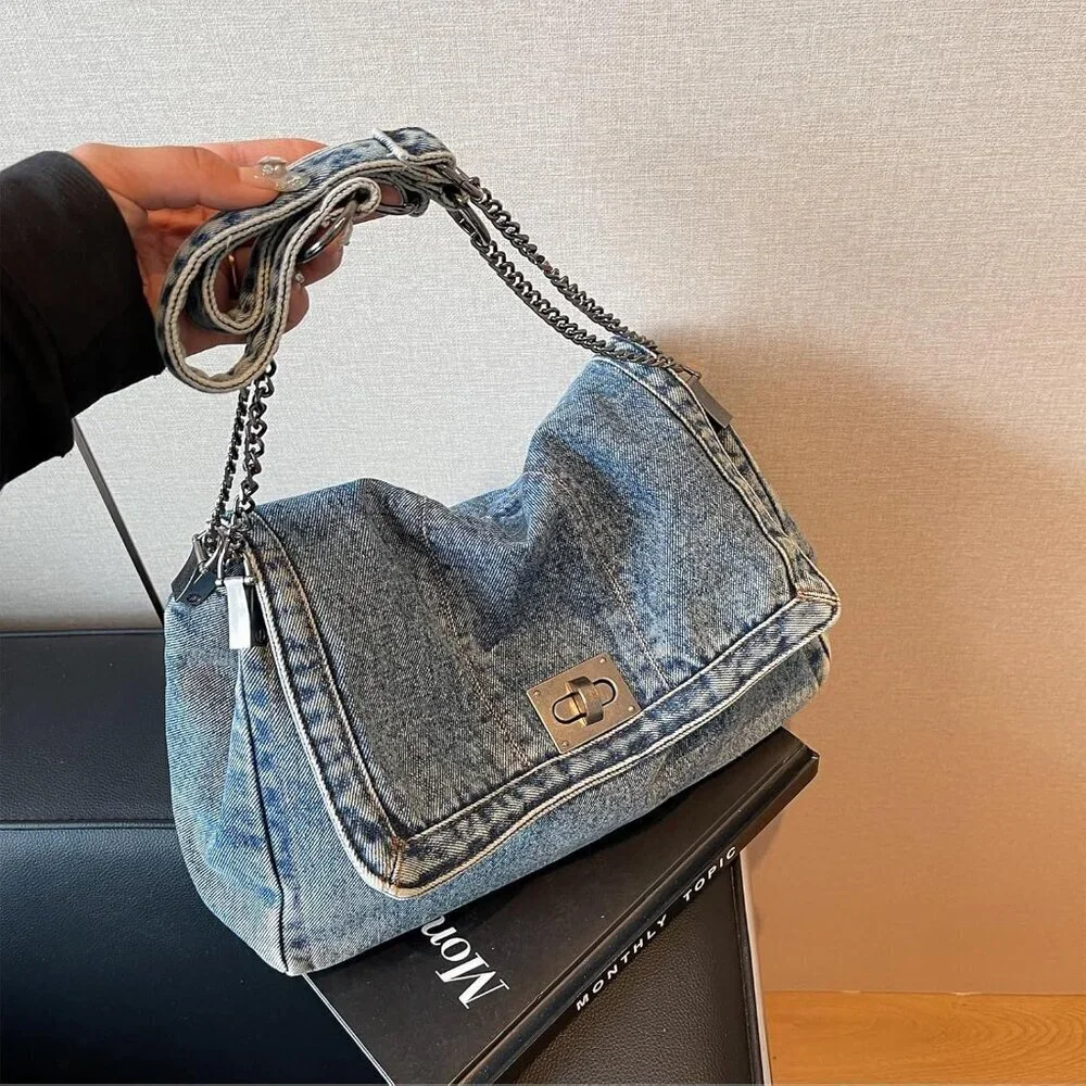 Denim Tote Bag Women Casual Retro Crossbody Shoulder Bag Handbag Durable